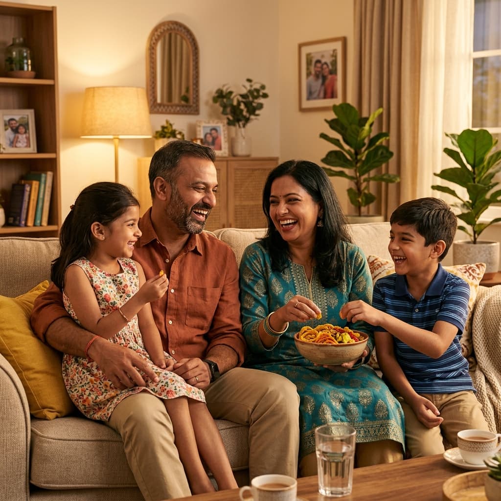 Happy Indian family enjoying Omji snacks together